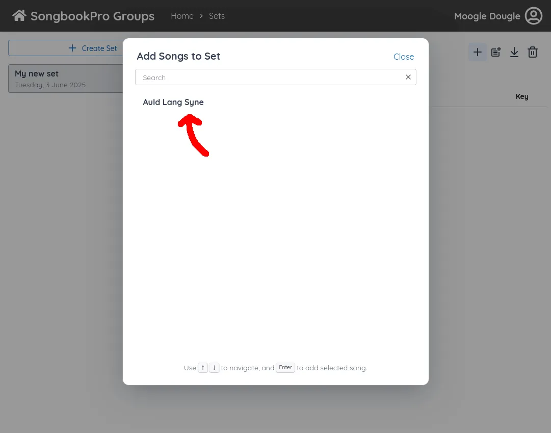 A popup titled 'Add Songs'. An arrow points to the song 'Aud Lang Syne' below.
