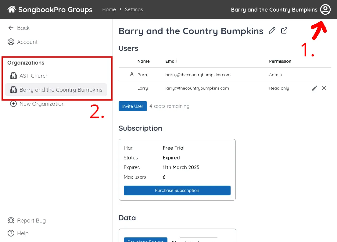 SongbookPro Groups on desktop. An arrow labelled '1.' points to the settings button and an arrow labelled '2.' points to a list of organizations.