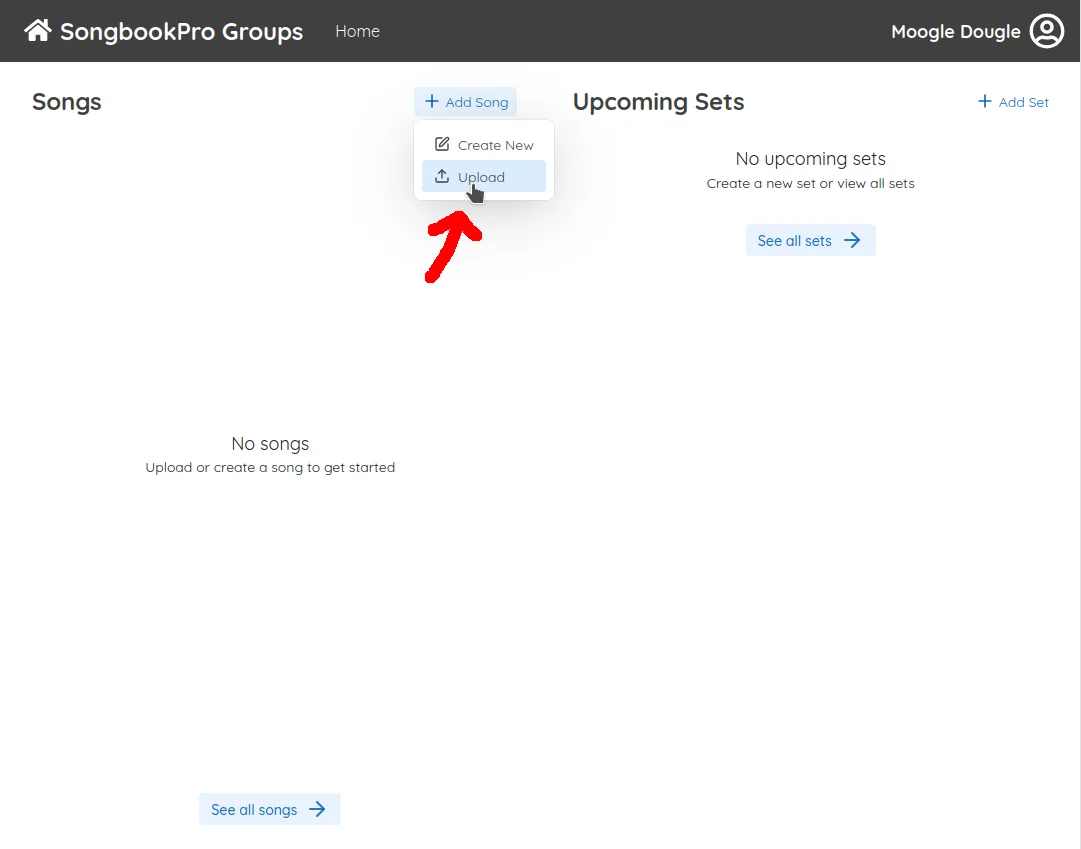 The SongbookPro Groups web interface. An arrow points to a button that says 'Add song'.