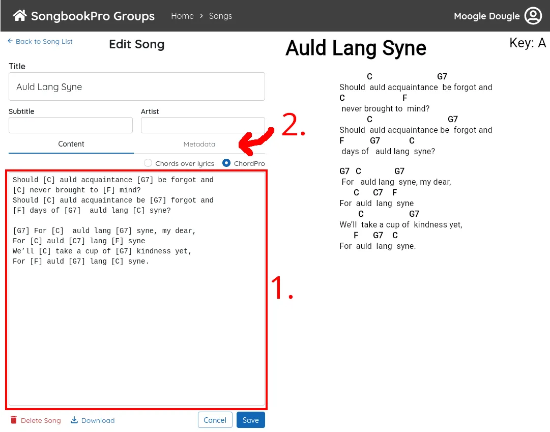 A popup titled 'Edit Song'. A text editor is labelled '1.'. A tab labelled 'Metadata' is labelled '2.'.