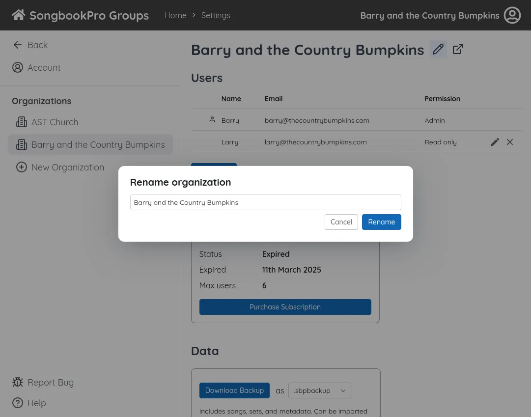 A popup titled 'Rename Organization'. There is a text box and a button labelled 'Rename'.