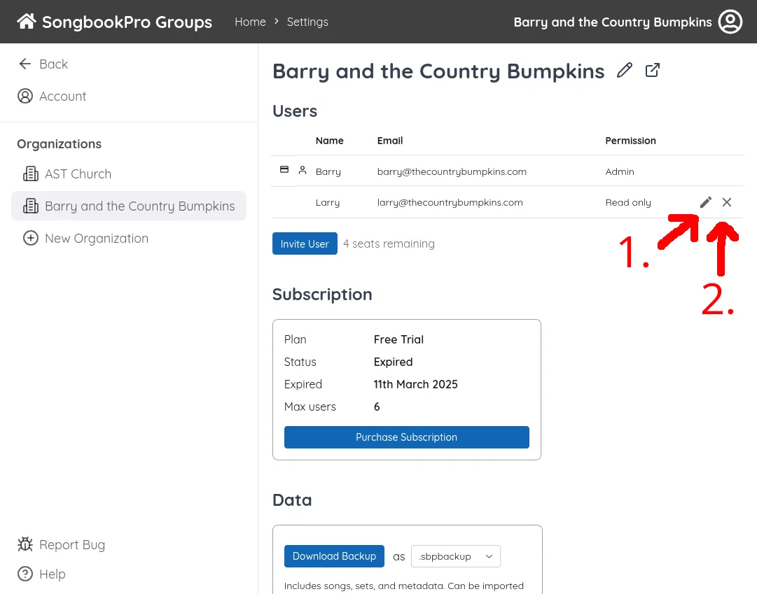 The SongbookPro Groups User Management page. An arrow labelled '1.' points to a an edit icon next to one of the users. An arrow labelled '2.' points to a cross icon.