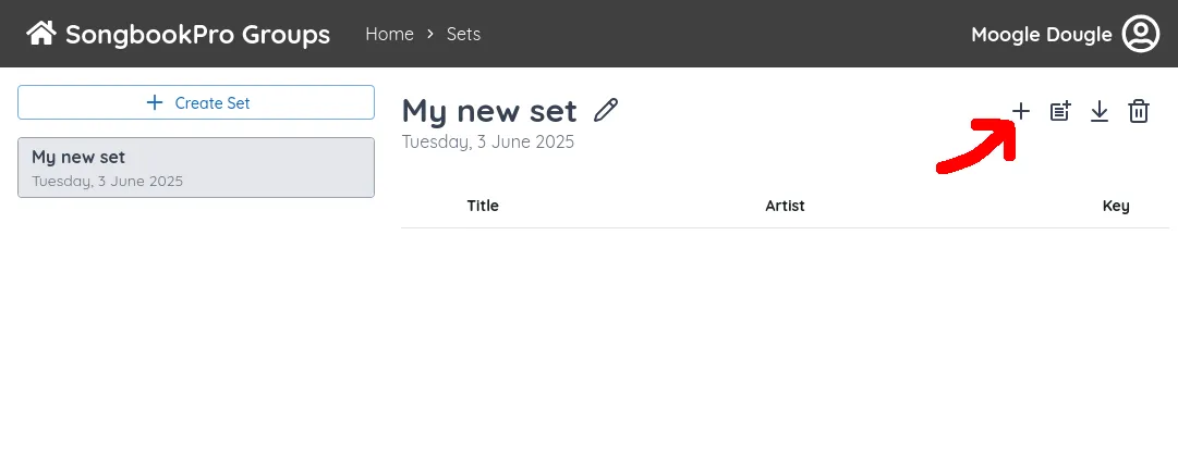 The SongbookPro Groups web interface, on the 'Sets' tab. An arrow points to a plus icon.