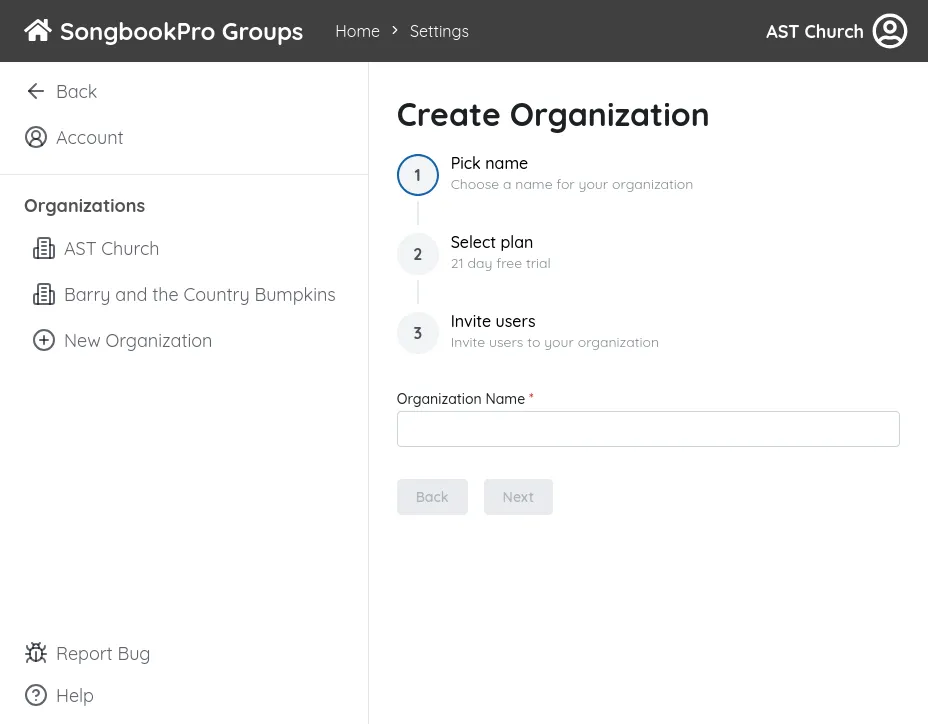 Create a new organization from the SongbookPro Groups website